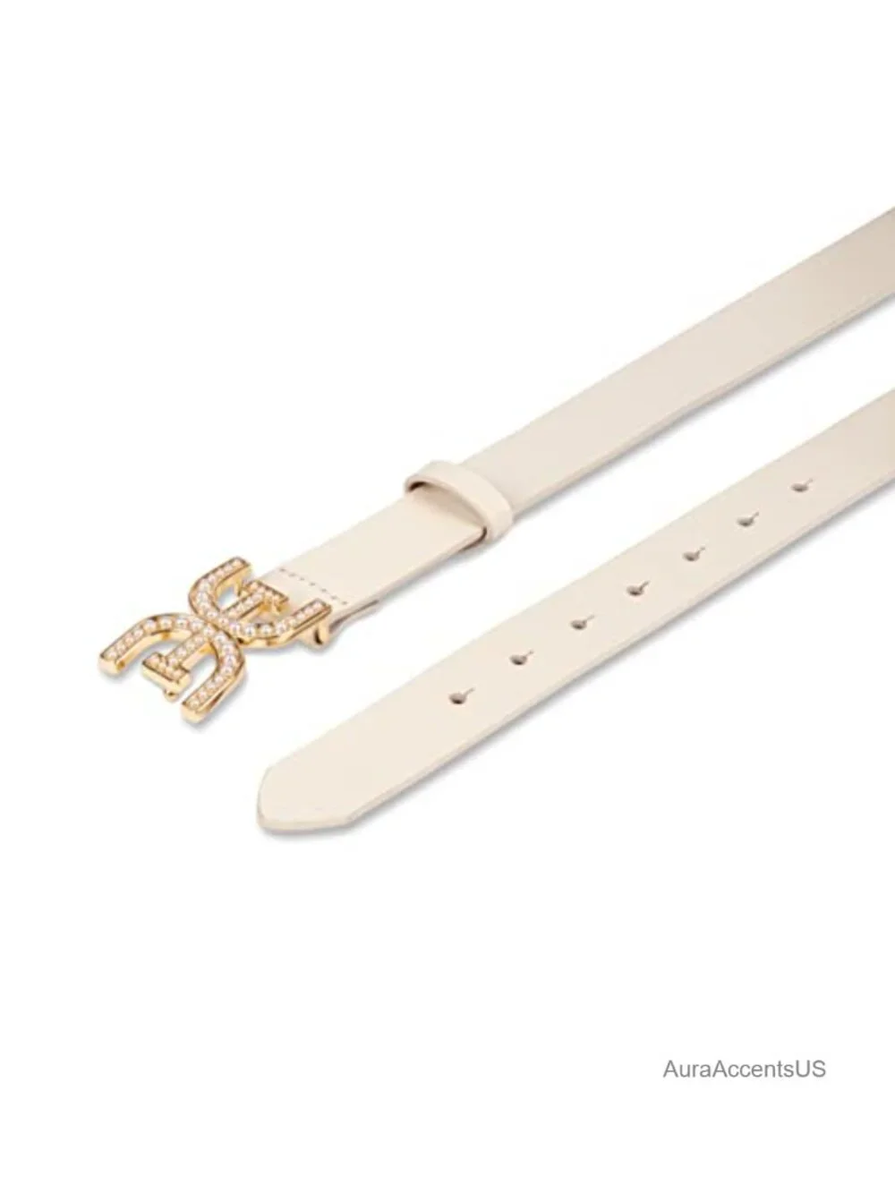 Sam Edelman Pearl Embellished Double-E Logo Plaque Buckle Leather Belt